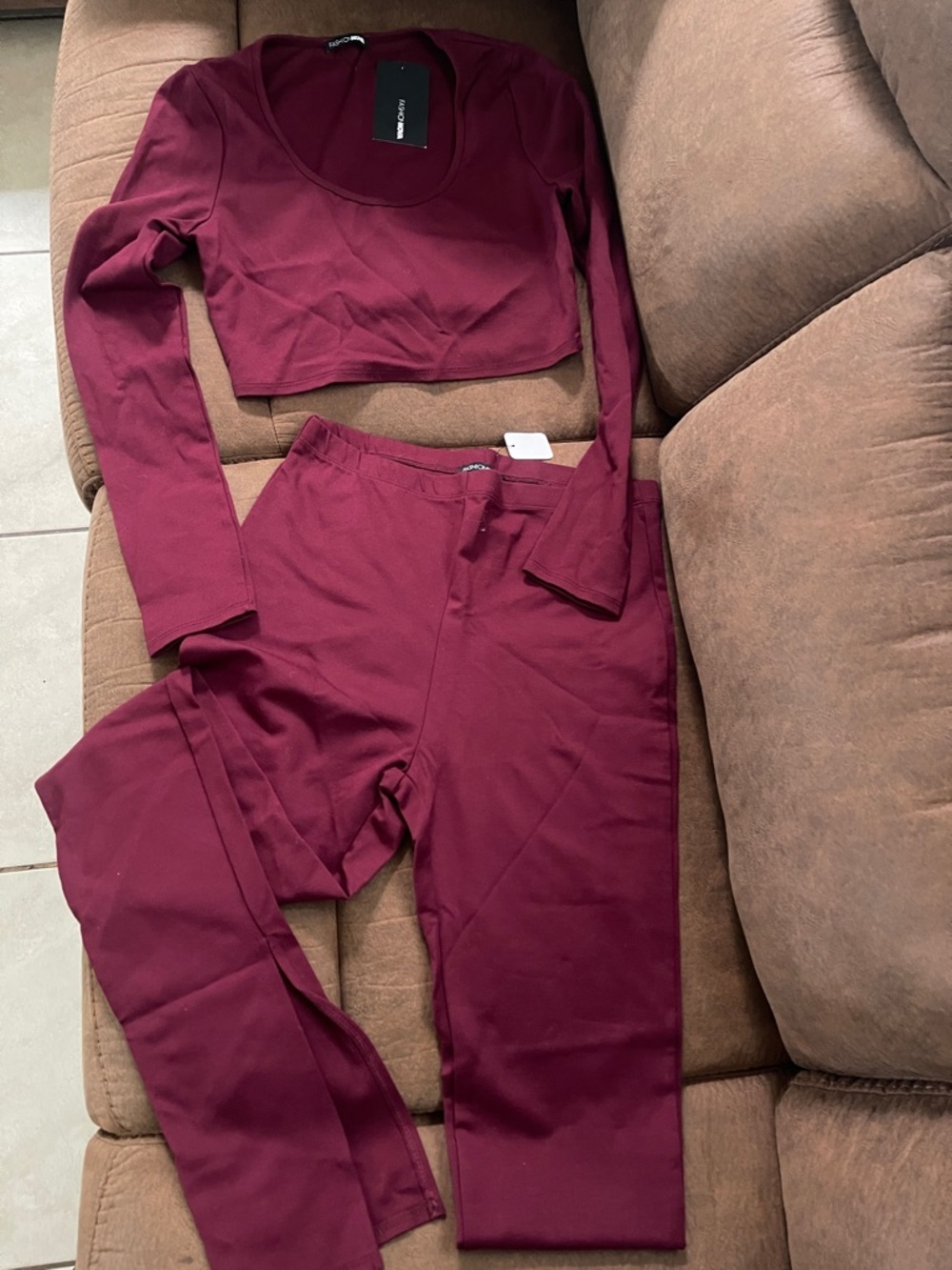 Fashion Nova Burgundy Two-Piece Crop Top & High-Waist Leggings Set